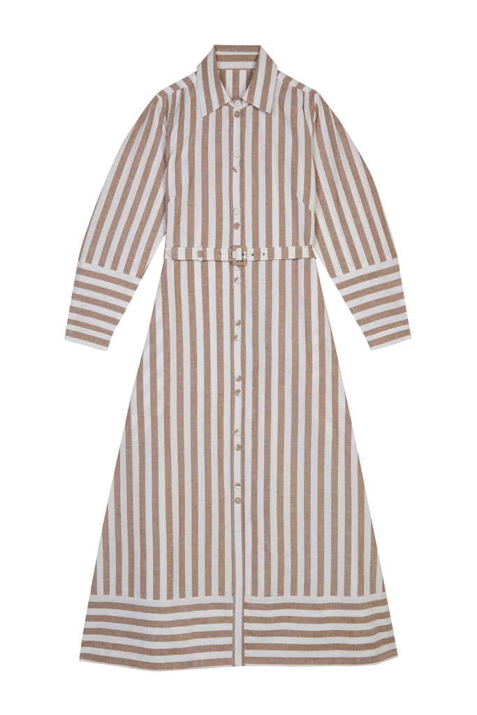 THE PUFF SLEEVE SHIRT DRESS | Tan & White Stripe