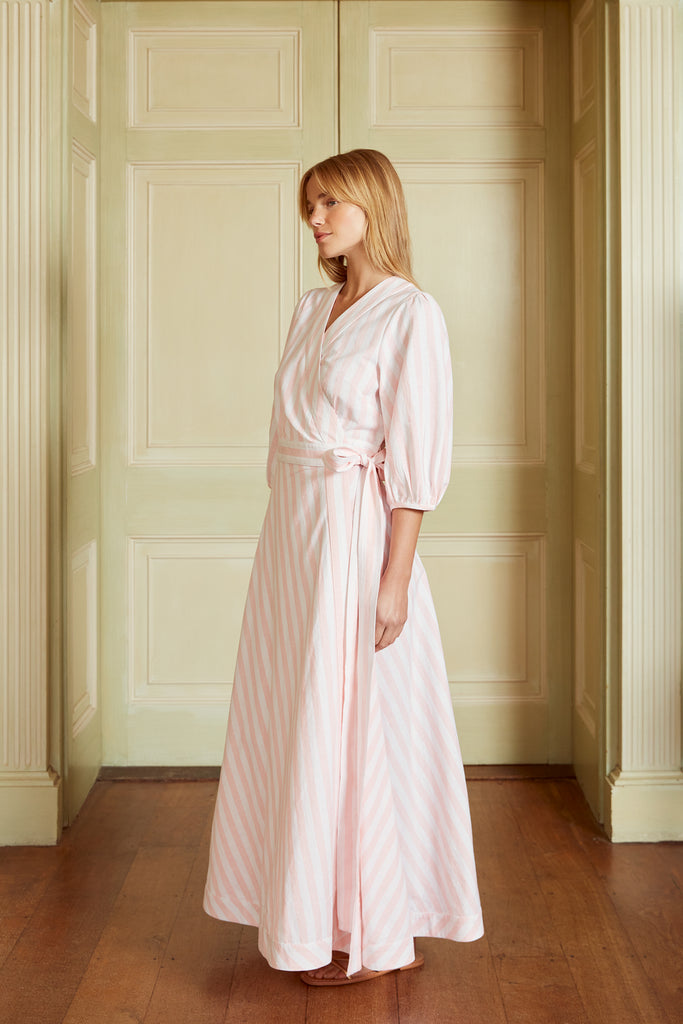 THE BORDER WRAP DRESS | Pink & White Stripe