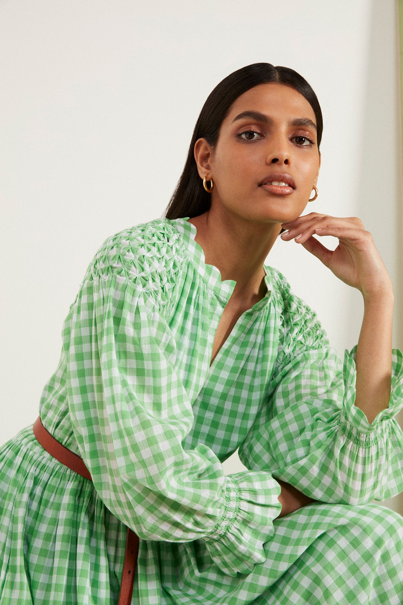 THE SCALLOP SMOCKED DRESS Spring Green Gingham Seraphina London