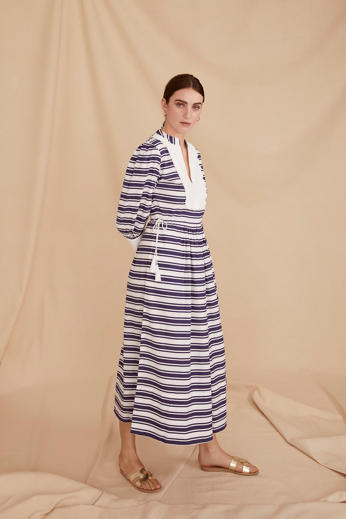 THE SCALLOP BIB DRESS | Blue & White Stripe